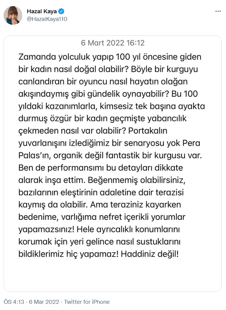 hazal kaya tweet