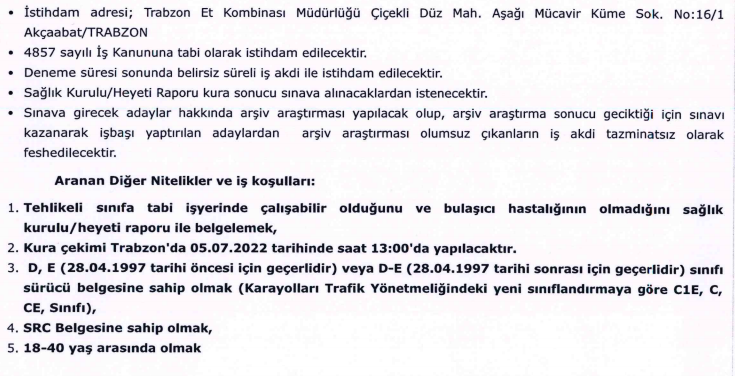 et ve süt kurumu şoför trabzon