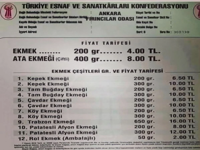 ankara ekmek fiyatı