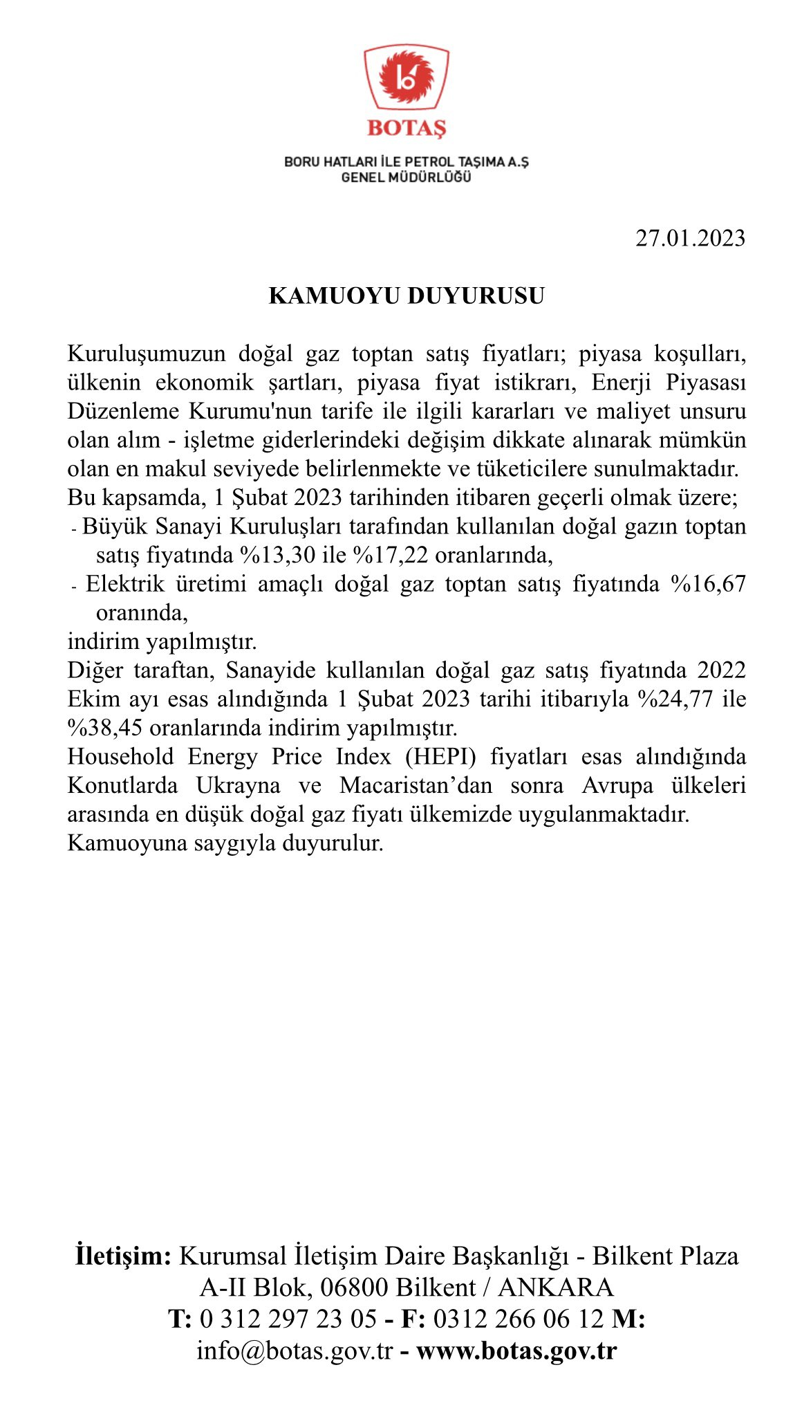Doğal Gaz İndirim Sanayi
