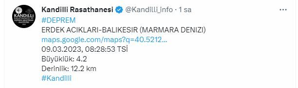 kandilli deprem bilgisi marmara denizi