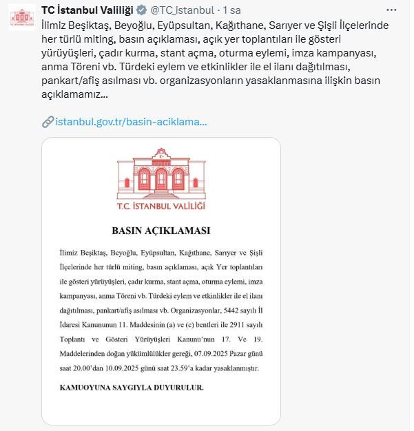 Istanbul Valiliği Açıklama